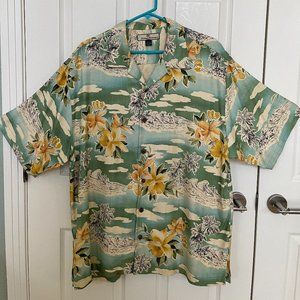 Tommy Bahama Green and Yellow Flowers Silk Short Sleeve Shirt